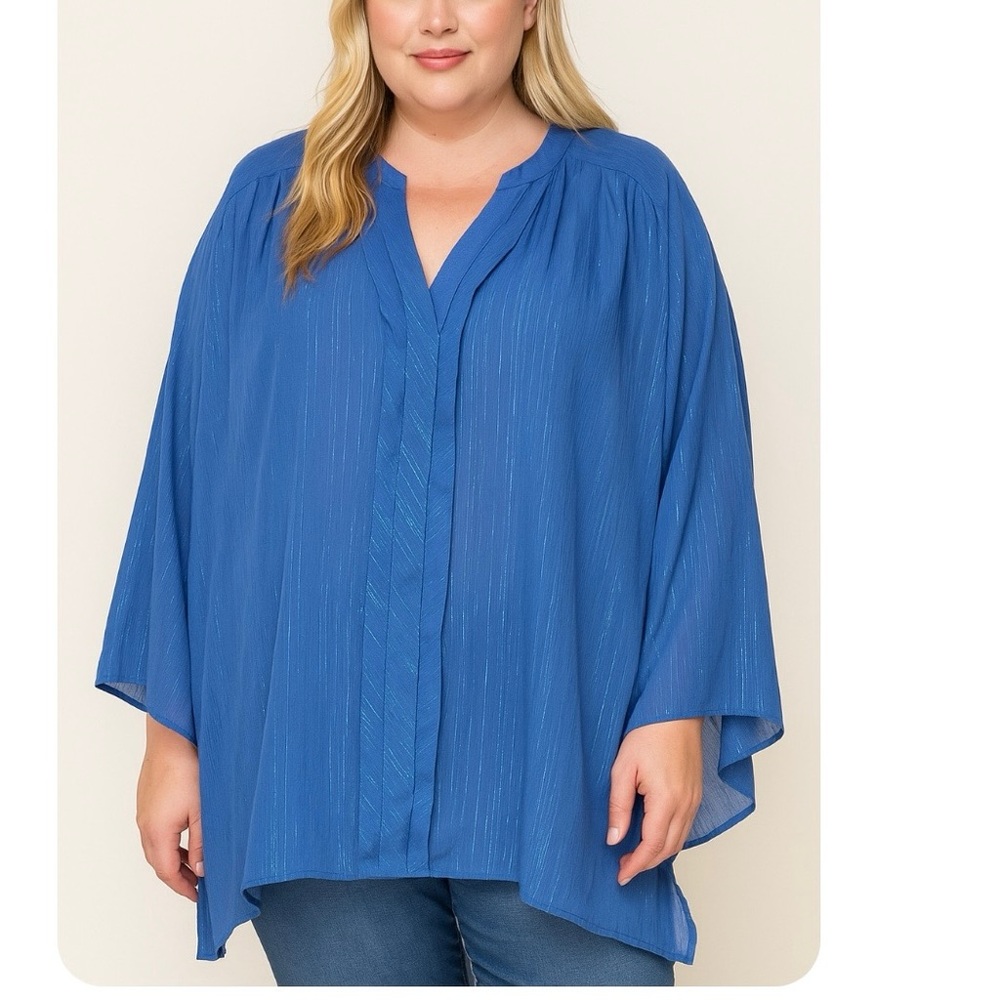 Catherines Blue Metallic Semi Sheer Chiffon Y Neck Button Blouse Size 4X